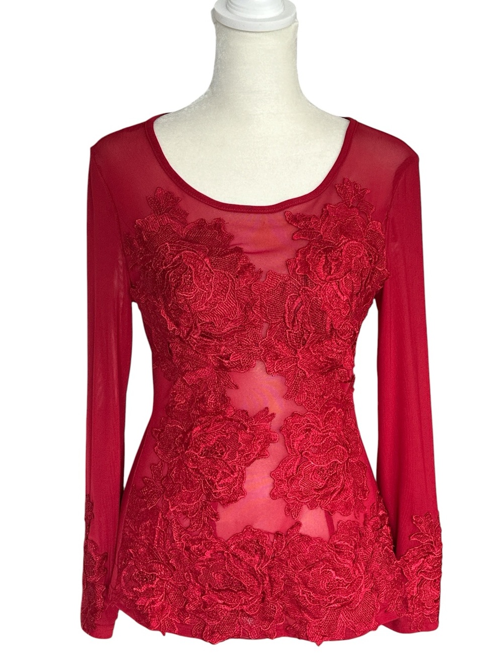 Women's Sheer Red Mesh‎ Top Floral Appliques Front & Wrists Coquette Size Small